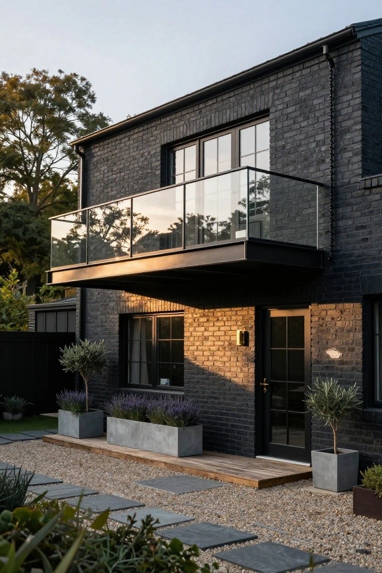 Two-story black brick house exterior with cantilevered black steel balcony with glass railings overhanging the front entry door, flanked by olive trees and lavender in concrete planters on a gravel path with stone pavers.