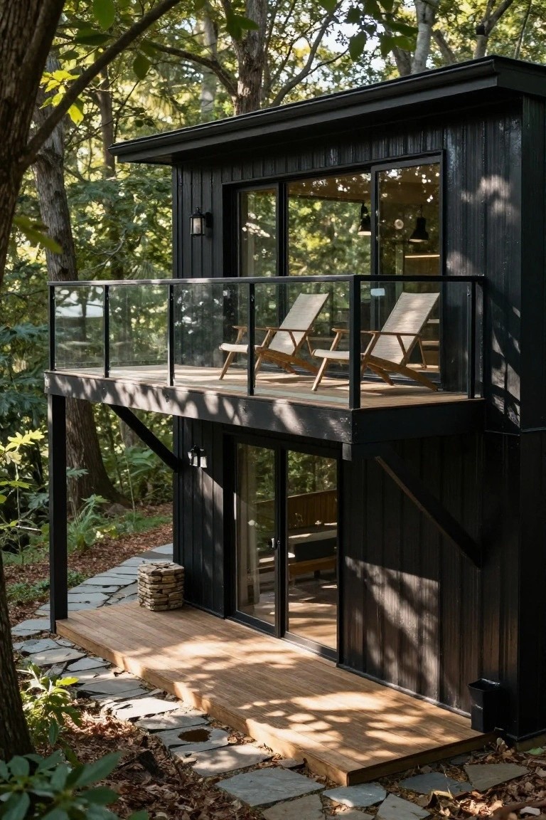 Two-story black wooden cabin in dense forest with upper glass balcony featuring two lounge chairs, lower wooden deck, stone path, and surrounding trees and foliage.