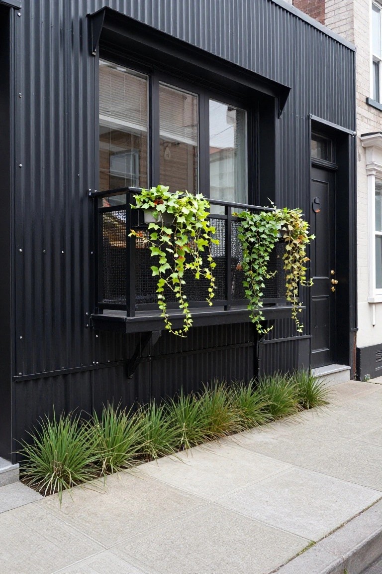 Narrow house exterior clad in black corrugated metal siding featuring a black metal balcony with hanging ivy plants in containers, adjacent to a white-painted brick building, with low grass plantings along the base on a concrete sidewalk