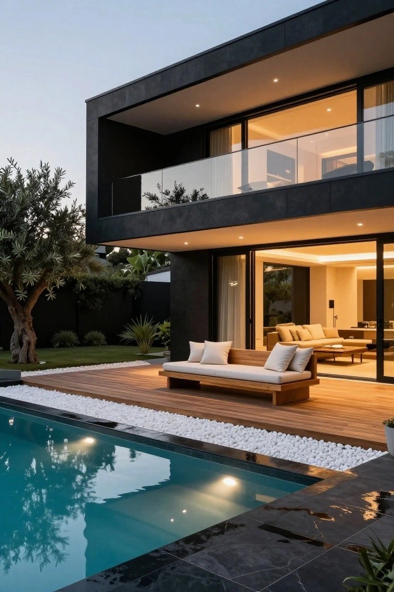Modern black house exterior with cantilevered glass balcony overlooking wooden deck, infinity-edge pool with black tile edge, white pebble border, and garden with olive trees at dusk.
