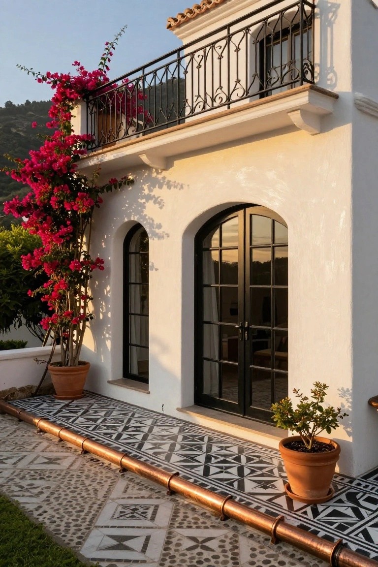 White stucco house exterior featuring a black wrought-iron balcony railing with pink bougainvillea climbing it, black-framed arched double doors, terracotta pots with plants, and a black-and-white patterned tile pathway edged in copper pipe.