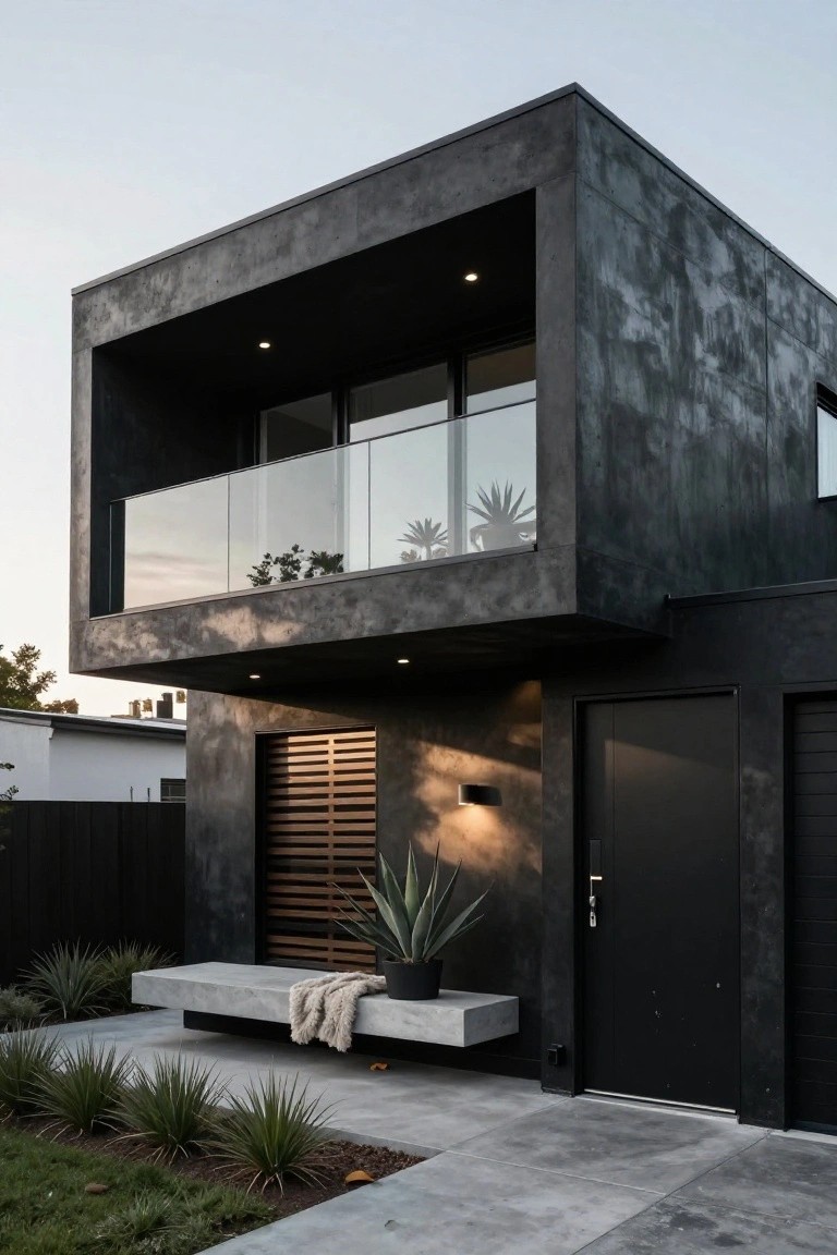 Corner view of a modern two-story house with black textured stucco walls, frameless glass balcony, wooden slatted entry screen, black front door and garage door, potted agave plant, concrete bench with throw, and low native plants in the front yard.