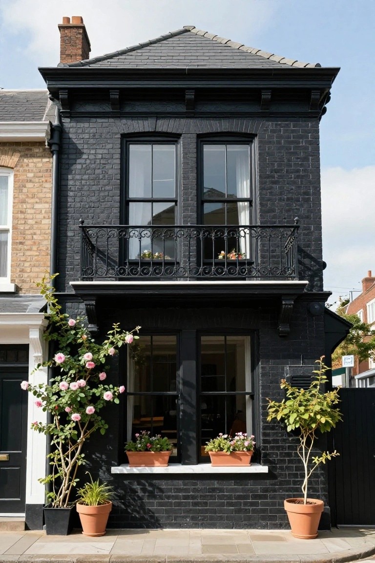 A narrow two-story black brick Victorian house with a wrought-iron balcony, large double-hung windows, climbing pink roses, potted plants flanking the green front door, and adjacent yellow brick houses on a paved street.