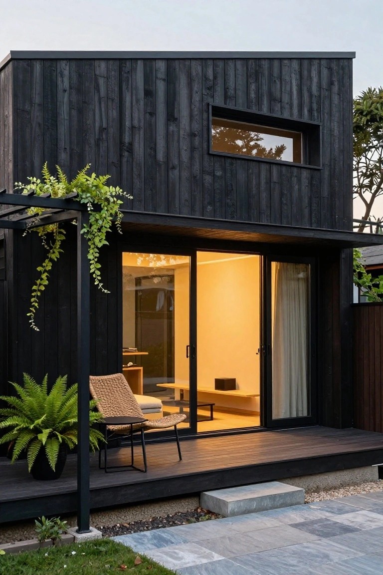Modern house with black vertical wood cladding, featuring a deck with rattan chairs, potted ferns, open sliding glass doors showing warm interior lighting, and surrounding gravel path with plants.