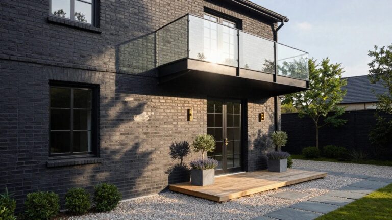 12 Black House Exterior With Balcony Views You’ll Adore Two-story black brick house exterior with cantilevered black steel balcony with glass railings overhanging the front entry door, flanked by olive trees and lavender in concrete planters on a gravel path with stone pavers.