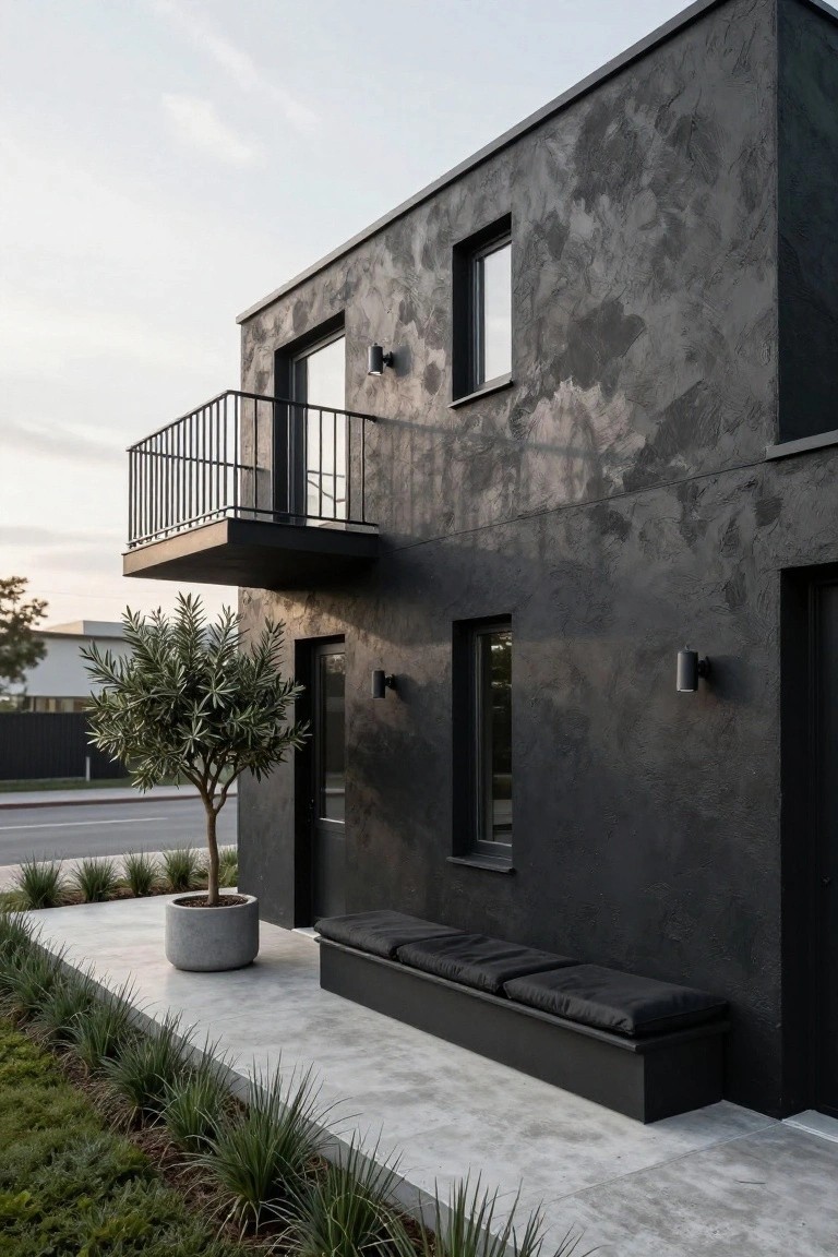 Black textured plaster house exterior with cantilevered metal balcony, entry door, windows, built-in bench seat, potted olive tree, and low grasses along concrete path.