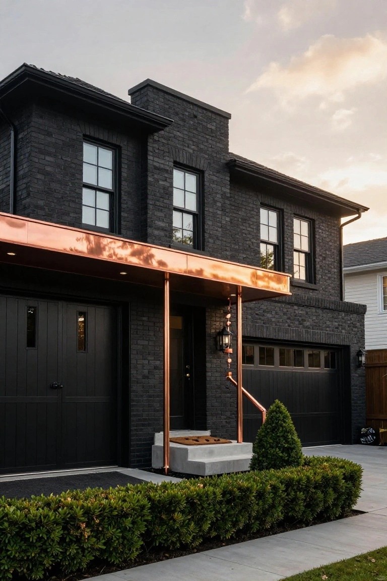 Two-story black brick house exterior featuring a copper awning over the front entry and garage doors, with black wood doors, concrete steps, boxwood hedges, and lantern lights.
