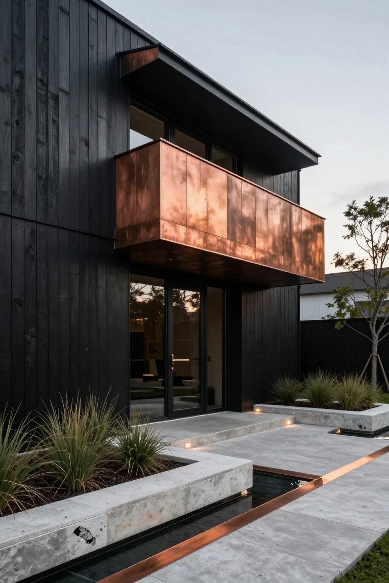 Black wood-clad modern house exterior featuring a copper balcony, glass entry doors, concrete planters with grasses, copper-edged water channel along the concrete entry path, and adjacent trees at dusk.