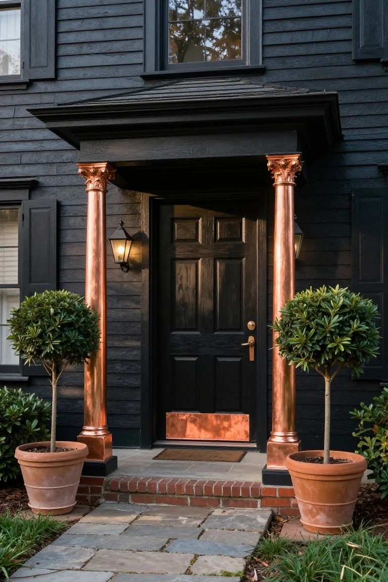 Front view of a black shingle-clad house with copper columns supporting a small porch, black paneled door, copper door surround and kickplate, wall lantern, and potted boxwood topiaries flanking brick steps to a stone path.