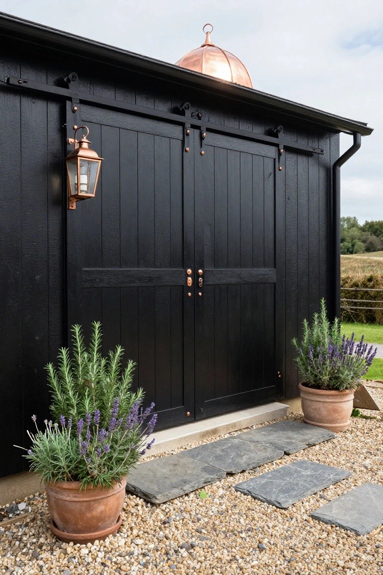 Black wooden shed with sliding barn doors, copper dome roof, copper lantern light beside the doors, and potted rosemary and lavender plants flanking a stone step path on gravel ground.