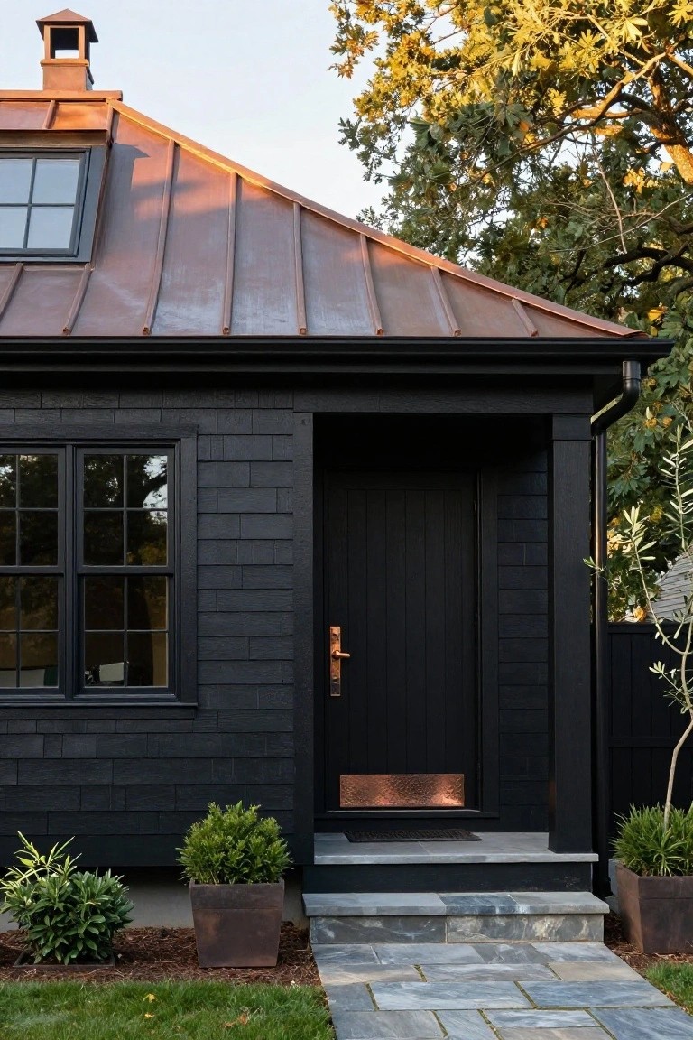 Front view of a small black shingle house with copper standing seam roof, black front door with copper kickplate and handle, covered porch, slate steps, potted shrubs, and surrounding lawn and trees.