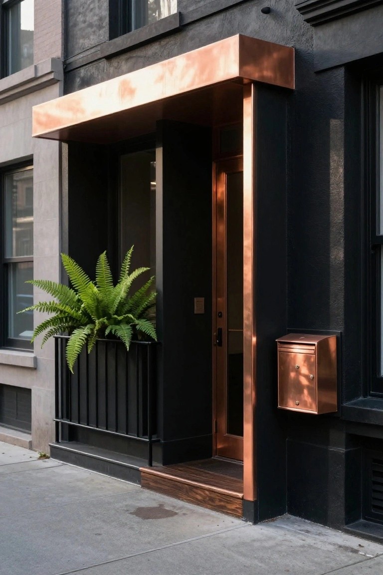Black house exterior entryway with copper awning, copper-framed glass door, copper mailbox, black metal planter holding a large fern plant, and wood steps leading to the door.