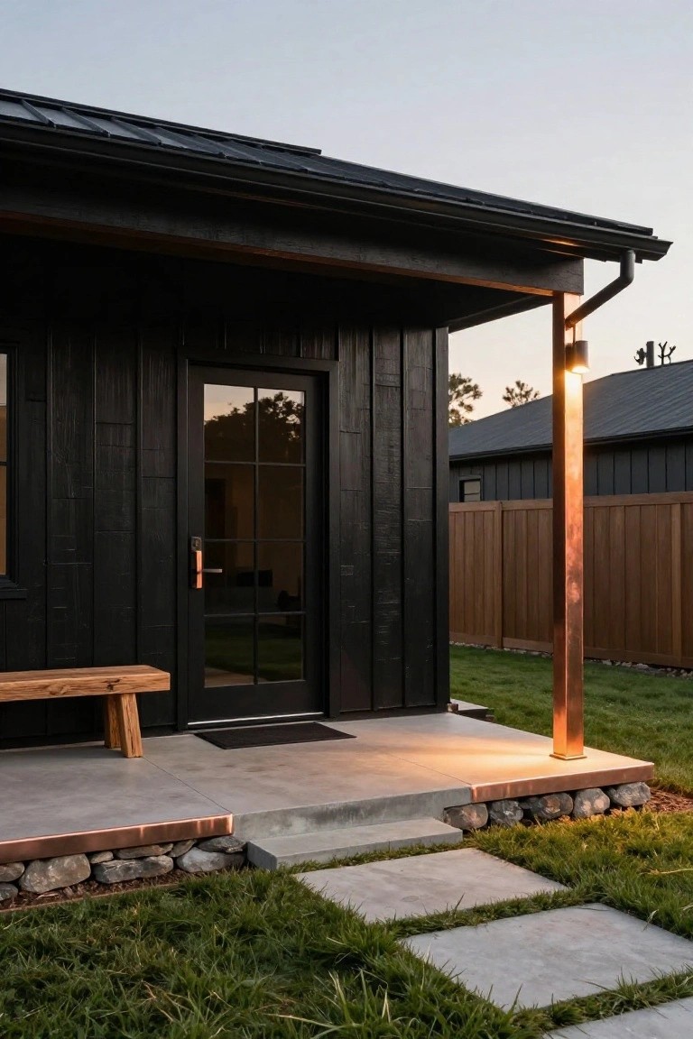 Side view of a small black board-and-batten building with glass-paneled entry door, wooden bench on porch, tall copper post with wall light, copper-flashing concrete porch edge, steps, rock border, and grass landscaping.