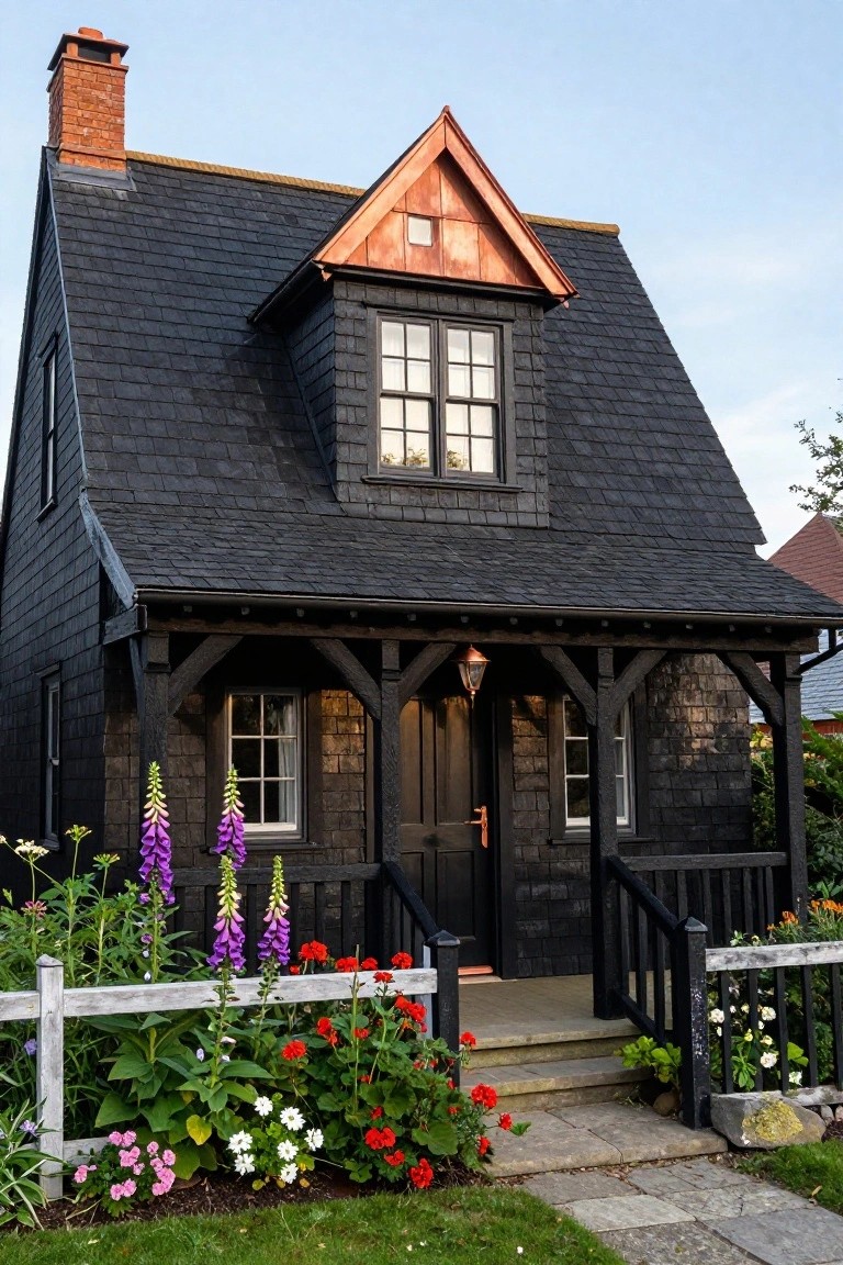 A small black shingle cottage with a copper-peaked gable roof, dark wood porch and entry, flanked by colorful flowers and a white picket fence.