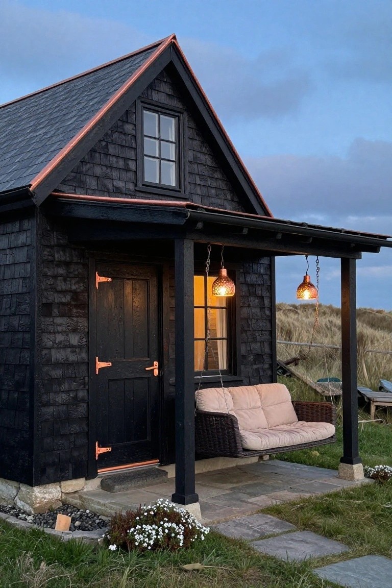 Small black shingled gabled cabin with copper roof flashing and hinges, two hanging pierced copper lanterns on covered porch with beige cushioned swing, stone path and plants nearby, grassy dunes and cloudy sky in background.