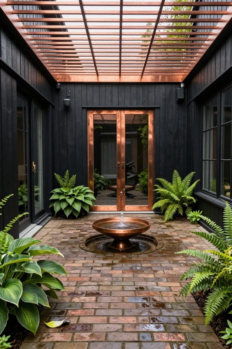Brick-paved courtyard enclosed by black wood walls under a copper pergola with slatted roof, featuring a central copper fountain, potted ferns and hostas, and copper-framed double doors.