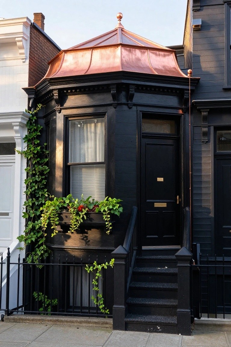 Black octagonal house topped with a shiny copper roof, ivy climbing one side, flower boxes on the window, black front door with steps, adjacent to a white house on a city sidewalk.