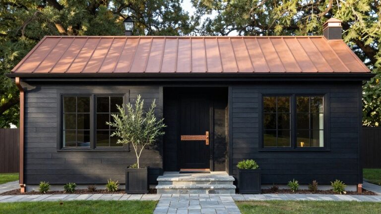 Front view of a small black shingle house with copper standing seam roof, black front door with copper kickplate and handle, covered porch, slate steps, potted shrubs, and surrounding lawn and trees.