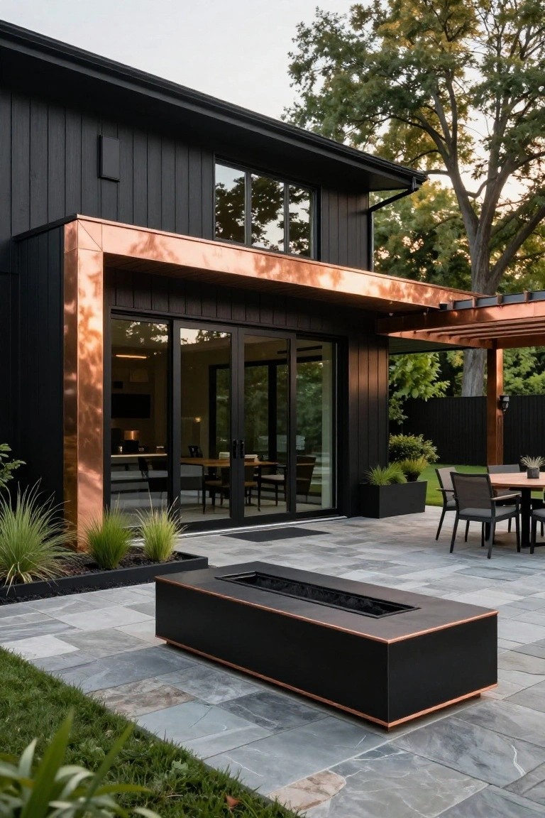Modern black-sided house with copper cladding beside sliding glass doors opening to a gray stone patio that includes a rectangular black linear fire pit with copper edges, an outdoor round dining table with chairs under a copper pergola, potted grasses, and adjacent lawn and fence.
