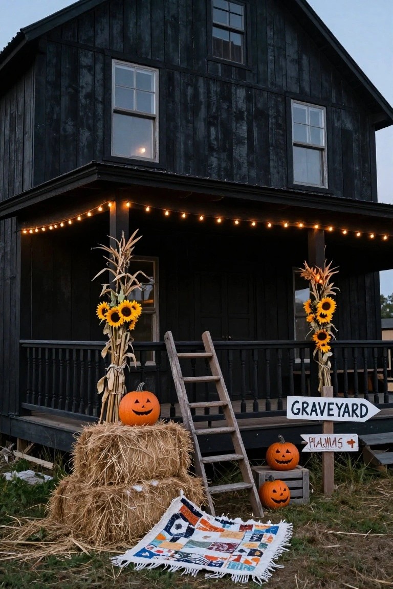Black wooden barn house exterior on a porch decorated for Halloween with stacked hay bales, carved pumpkins, cornstalks with sunflowers, a wooden ladder, string lights, and signs pointing to a graveyard and outhouse.