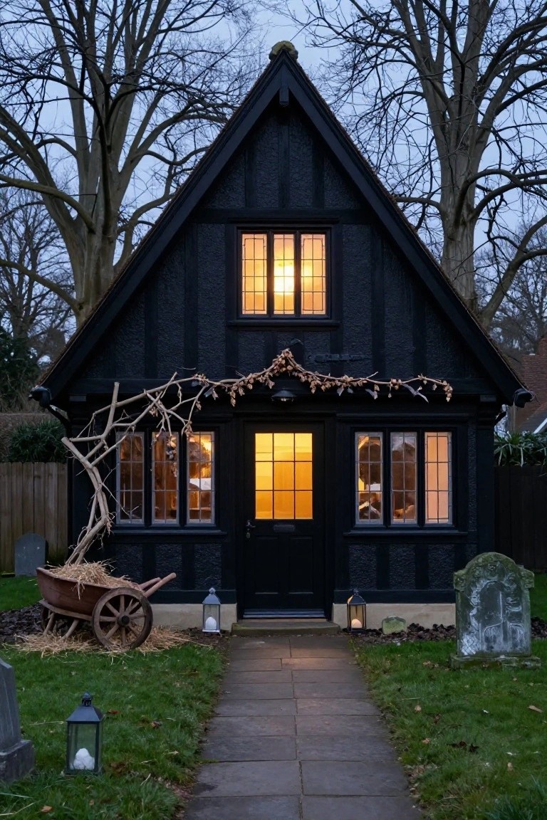 Black timber-framed cottage house exterior at dusk with Halloween decorations including faux gravestones, hay-filled wheelbarrow, lanterns, berry garlands, and a stone path in the front yard.