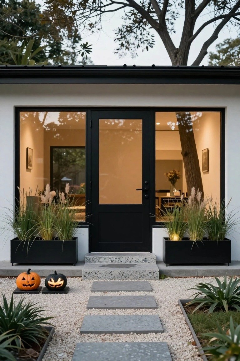 White modern house facade with black-framed glass door and sidelights, black planters of pampas grass on each side, one orange and one black lit jack-o-lantern pumpkin on black stands at concrete entry steps, gravel path leading to the door.