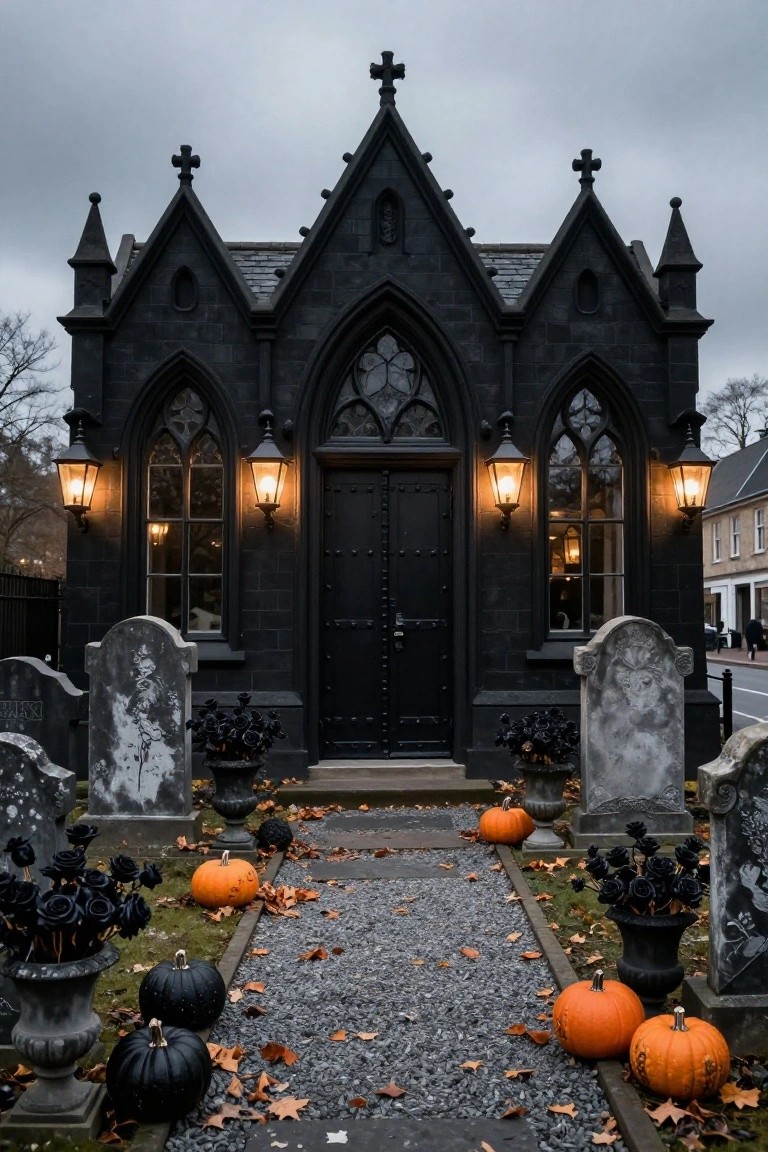 Black gothic chapel-style building with pointed arches, stained glass windows, lit lanterns flanking a dark wood door, surrounded by gravestones, black roses, and orange pumpkins on a gravel path.