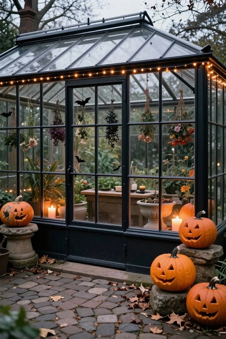 Black metal-framed glass greenhouse with Halloween decorations including string lights, hanging bats, dried plants, carved jack-o-lantern pumpkins on stone pedestals, and potted plants on a brick patio surrounded by fallen leaves.