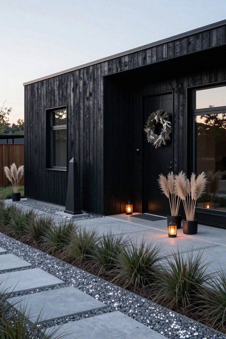 Black charred wood house exterior featuring a dark feathery wreath on the front door, flanked by pampas grass in black pots and lanterns on a concrete porch with gravel path and grasses.