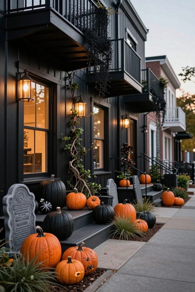 Black vertical board and batten house exterior with balcony, Halloween decorations including orange and black pumpkins, gray tombstones, spider webs, vines, and lit lanterns on front steps and porch.