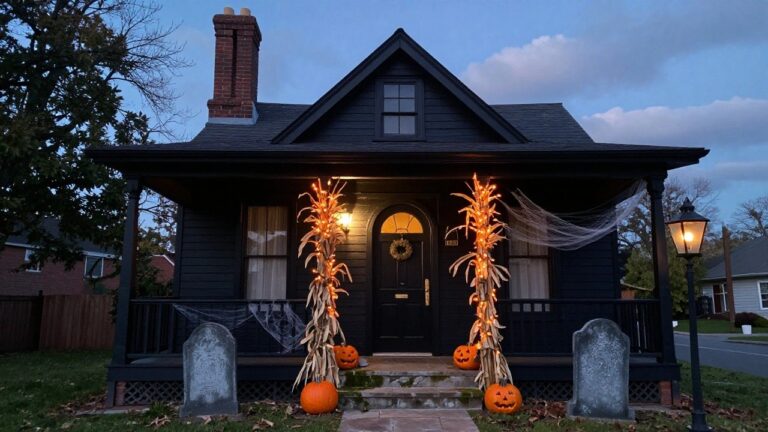 17 Black House Exterior With Halloween Decor That Looks Spooky Black shingled house exterior at dusk with Halloween decorations including jack-o'-lanterns lined up on front porch steps, cornstalks and string lights by the door, cobwebs, a wreath, and a gravestone in the yard.