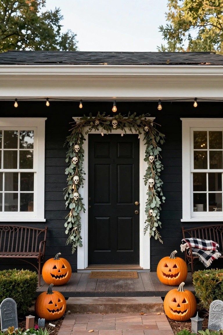 Black shingled house exterior featuring a dark front door framed by eucalyptus garland with white skulls, orange carved pumpkins on steps with small tombstones, wrought iron benches on porch, and string lights along the eaves.