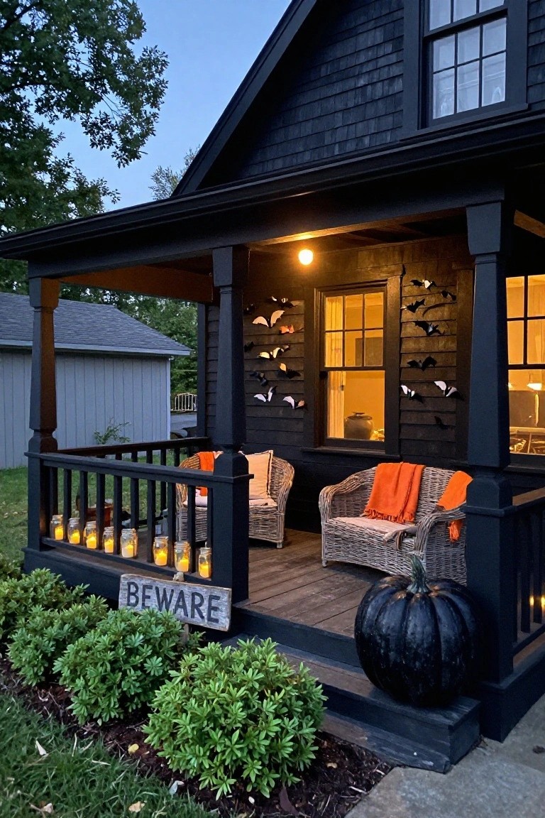 Black shingled house with a front porch featuring two wicker chairs draped in orange blankets, mason jar lanterns on the railing, a large black pumpkin, a wooden