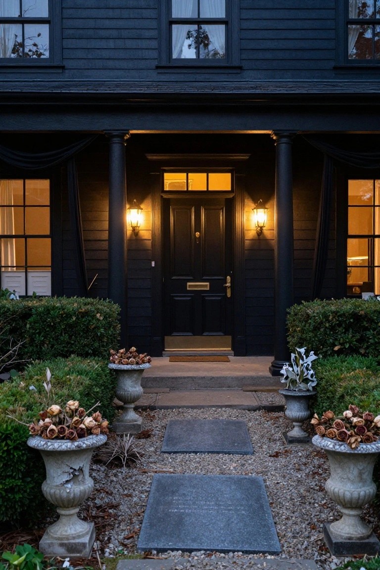 Dark shingled house facade with black front door under a porch, stone lanterns on columns, and urns filled with dried flowers and pods flanking a gravel entry path with stone steps.