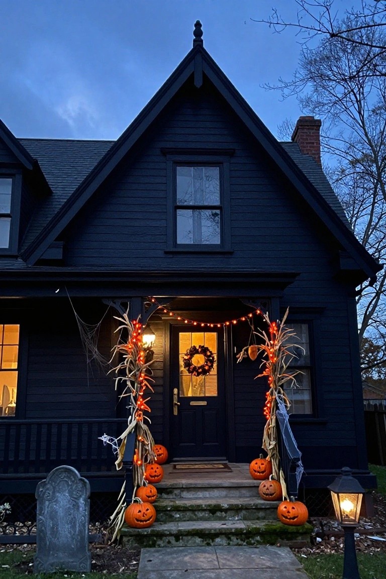 Black shingled house exterior at dusk with Halloween decorations including jack-o'-lanterns lined up on front porch steps, cornstalks and string lights by the door, cobwebs, a wreath, and a gravestone in the yard.