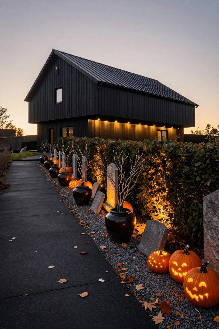 Black vertical board-and-batten house exterior at dusk with a dark concrete pathway lined by black pots, carved glowing pumpkins, white gravestones, and bare branches next to a lit hedge.