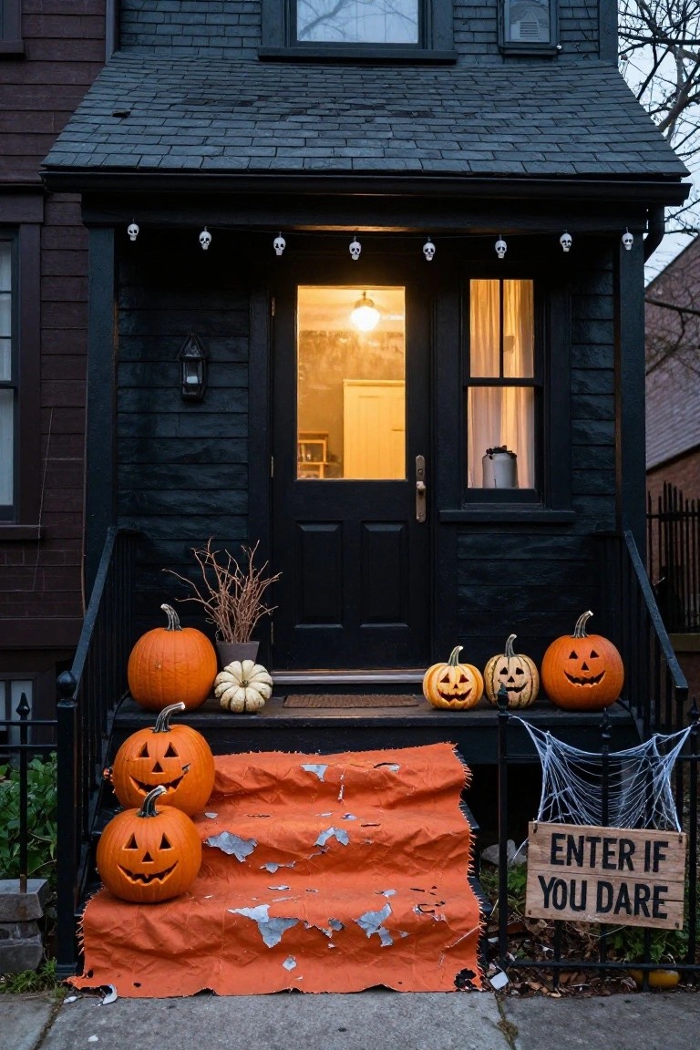 Black shingled house exterior with Halloween decorations including jack-o-lanterns on porch steps, hanging skull lights, cobwebs, a torn orange rug, and a wooden sign reading