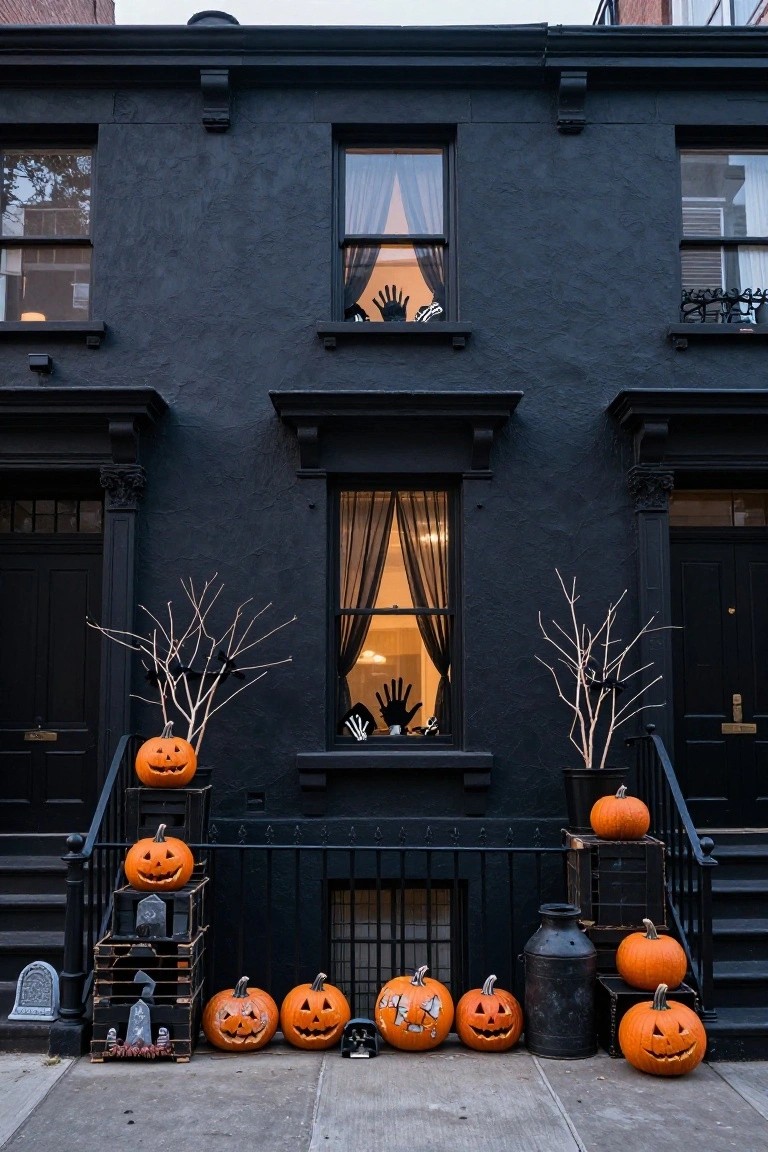 Black rowhouse exterior with Halloween decorations including stacked carved pumpkins and tombstones on front steps, skeleton hands visible in upper windows, bare branches, and potted plants.