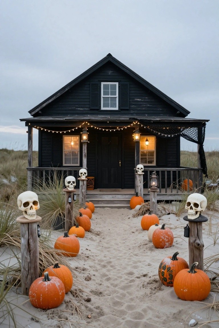 Black shingled beach cottage with porch, Halloween decorations including a sandy path lined with pumpkins, skull-topped posts amid dune grass, lanterns, string lights, and spiderwebs.