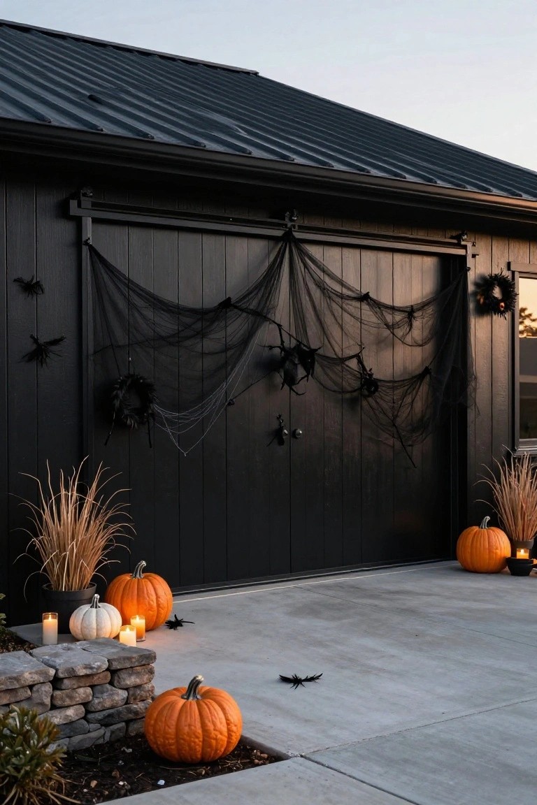 Black barn-style garage doors draped with black spider webs, fake spiders, and bats, flanked by potted pampas grass and orange pumpkins on a concrete driveway with stone edging and scattered white pumpkins and candles.
