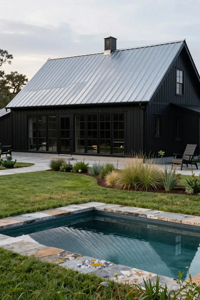 Black vertical board-and-batten house exterior with sloped silver metal roof, large multi-pane glass doors and windows on the side facing a small rectangular pool edged in stone, surrounded by lawn, grasses, and potted plants with chairs nearby.