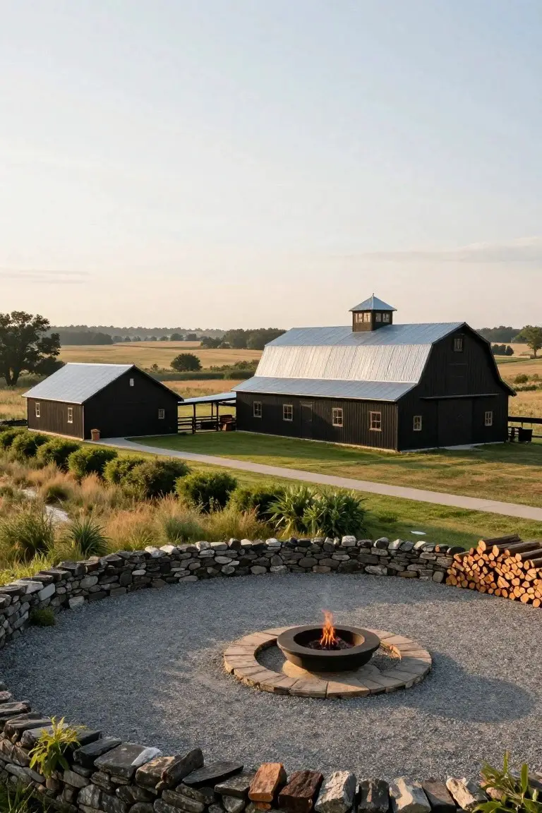 Two black wooden barns with galvanized tin roofs in a rural field setting, viewed from an elevated stone-ringed gravel fire pit area with stacked rock walls, grasses, and firewood stacks.