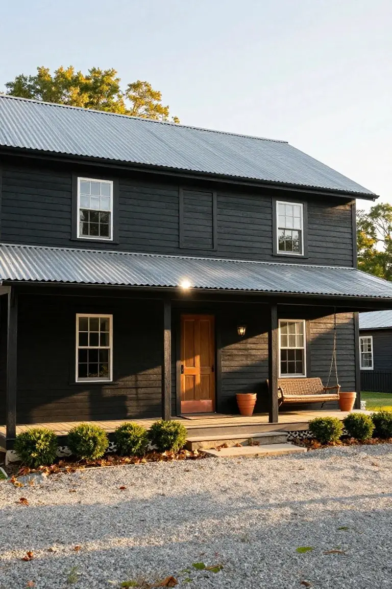 Black Board-and-Batten Siding with Tin Roof