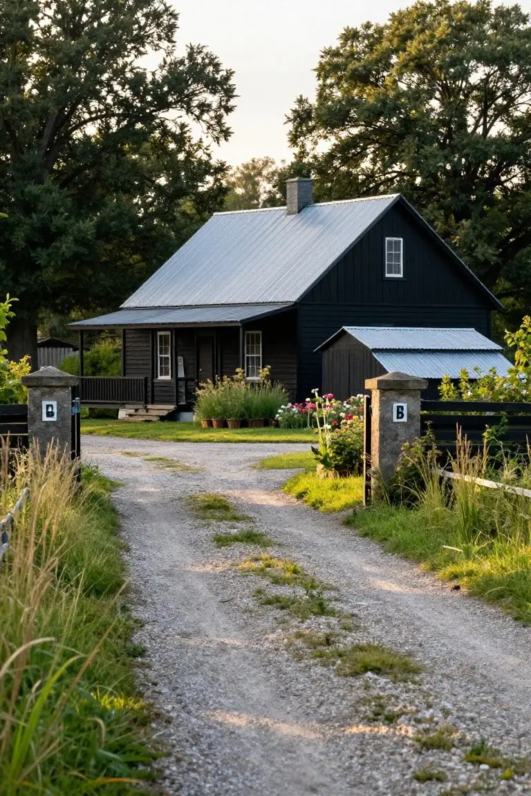 Black wooden house with metal roof and porch beside a shed, at the end of a gravel driveway through black metal gate with stone posts marked B, surrounded by tall grasses, flowers, bushes, and trees.