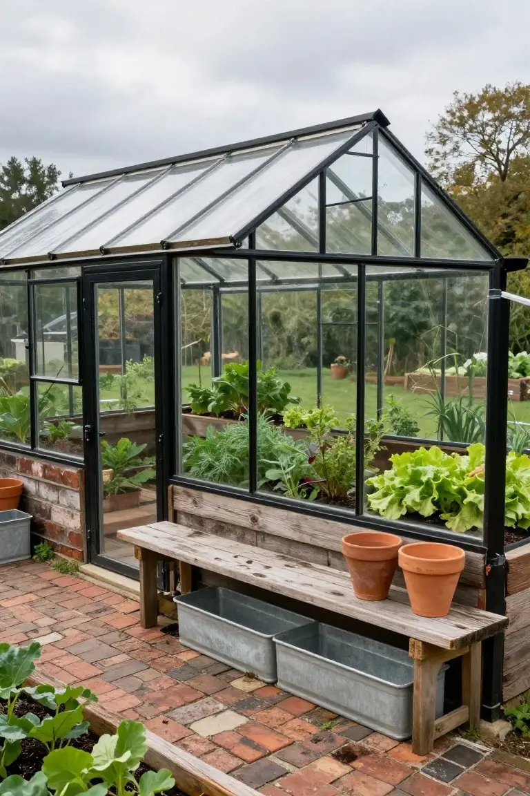 Black metal-framed glass greenhouse with door ajar next to wooden raised beds containing vegetables, a wooden bench holding metal troughs and terracotta pots on a brick path surrounded by garden plants.