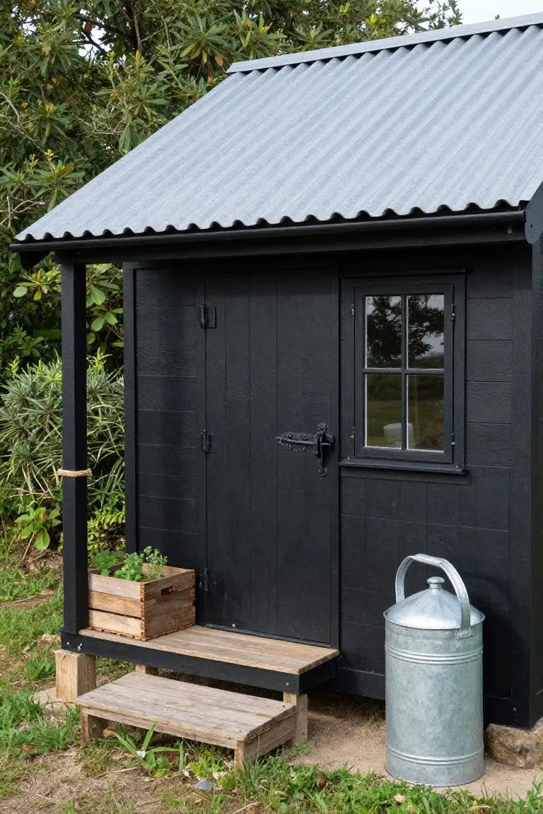 Small black wooden garden shed with gray corrugated tin roof, single front door with window, wooden planter box with herbs on porch, steps, metal bucket, and surrounding plants and trees.