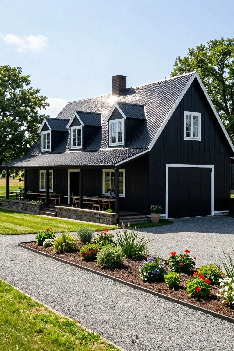 Black wooden house with corrugated tin roof, white-trimmed windows and dormers, covered porch with wooden tables and chairs, attached garage door, gravel driveway, stone retaining walls, flower beds, and surrounding green lawn and trees under partly cloudy sky.