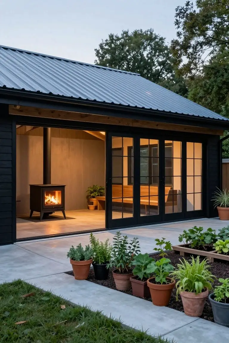 Black-sided outbuilding with sloped gray metal roof, open black-framed sliding glass doors revealing interior wood stove, bench and plants, concrete patio edged with potted herbs and vegetables, grass and trees in background.