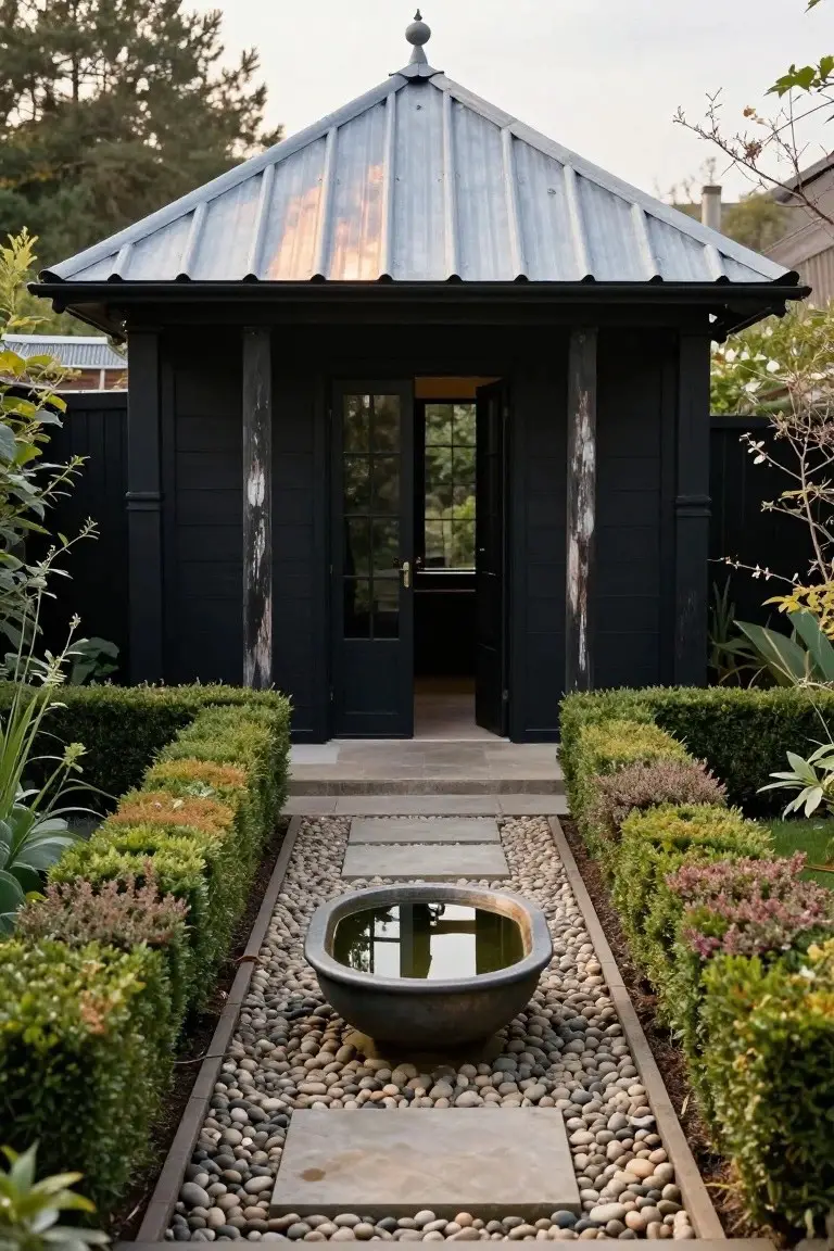 Small pavilion with black vertical board siding and corrugated tin roof in a garden setting, approached by a stone path lined with gravel, boxwood hedges, and a rectangular stone reflecting pool.