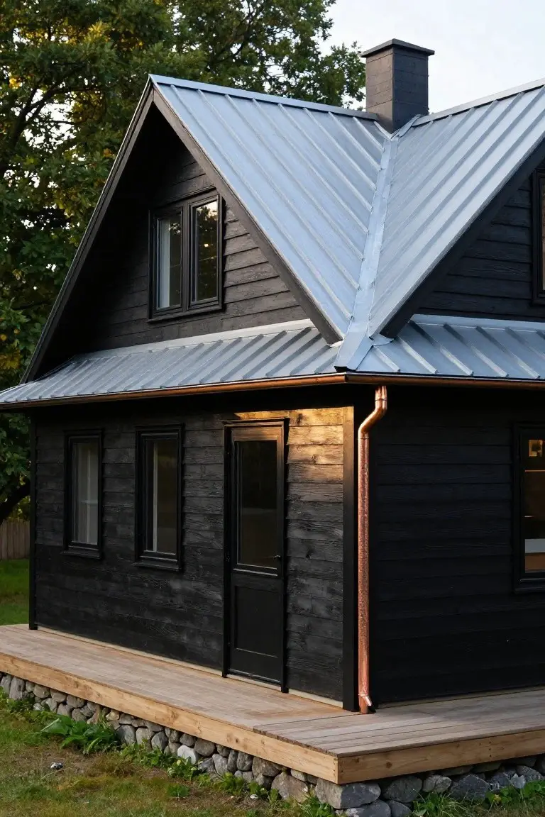 Side view of a small black wooden house with gray standing-seam metal roof, copper downspout and gutter, black-framed windows and door, elevated on wooden deck with rock edging in grassy yard with trees.